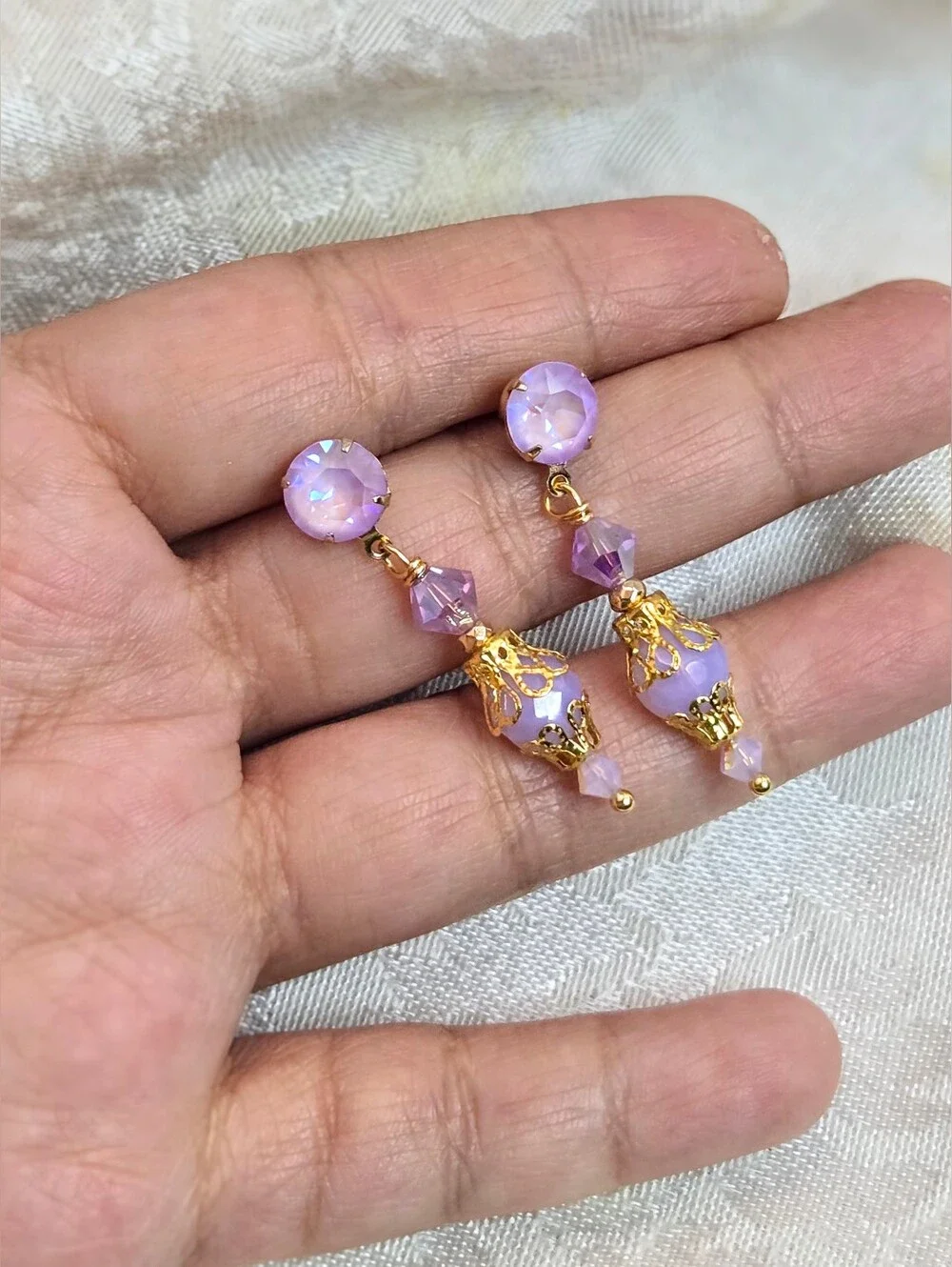 Victorian Delicate & Dainty Purple AB Swarovski & Glass In Gold Plated Earrings